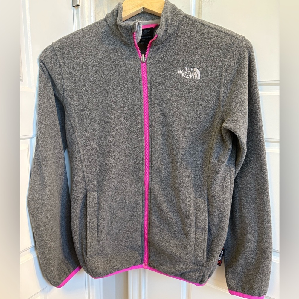 The North Face Kids' Gray Fleece Jacket with Pink Trim Size Large 14/16